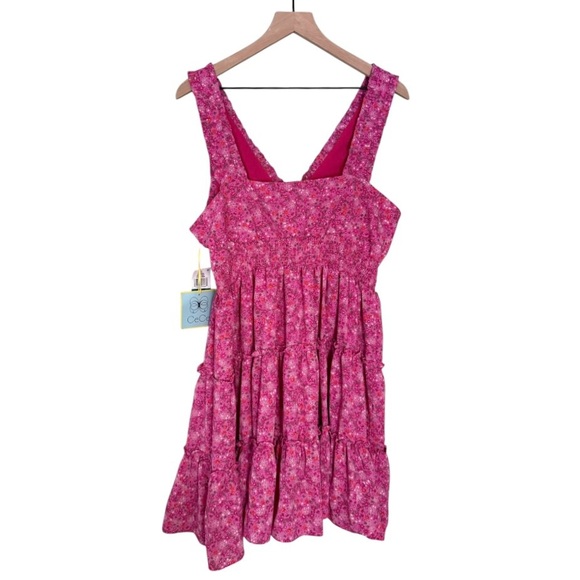 NWT CeCe Floral Sleeveless Tiered Ruffle Knee Length Dress Pink Orange Size XL - Picture 2 of 8